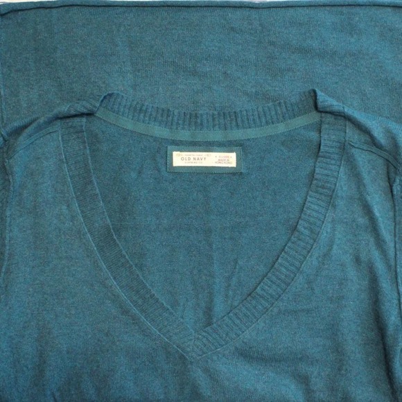 Vintage XL Teal Blue Wool Angora Blend Deep V-Neck Ribbed Sleeve Y2K Sweater - Picture 4 of 12